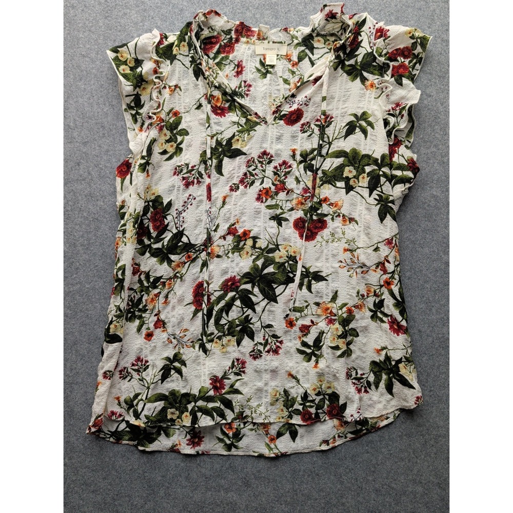 Tamara H. Women's Floral Print Blouse Flutter Sleeves Tie V Neck Size M